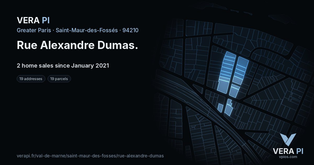 Rue Alexandre Dumas, Saint-Maur-des-Fossés at night – every parcel coloured by the prices around it, the street's own parcels lit