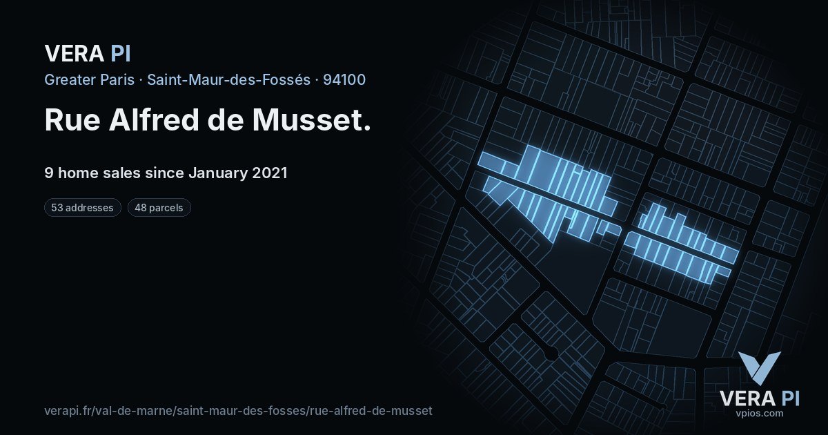 Rue Alfred de Musset, Saint-Maur-des-Fossés at night – every parcel coloured by the prices around it, the street's own parcels lit