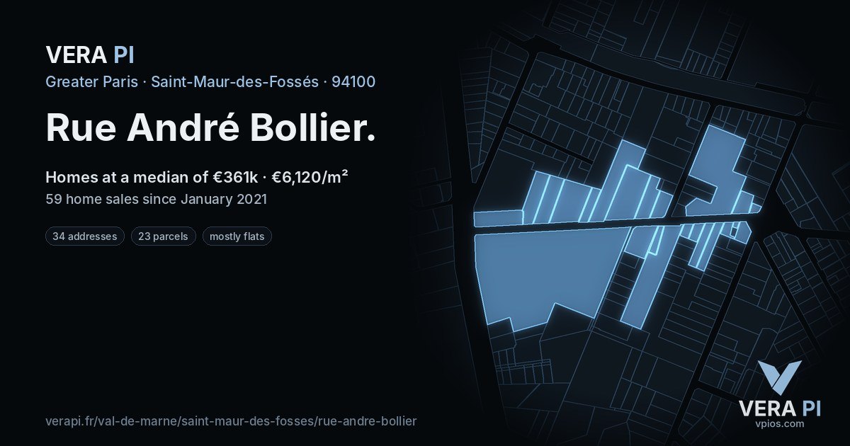 Rue André Bollier, Saint-Maur-des-Fossés at night – every parcel coloured by the prices around it, the street's own parcels lit