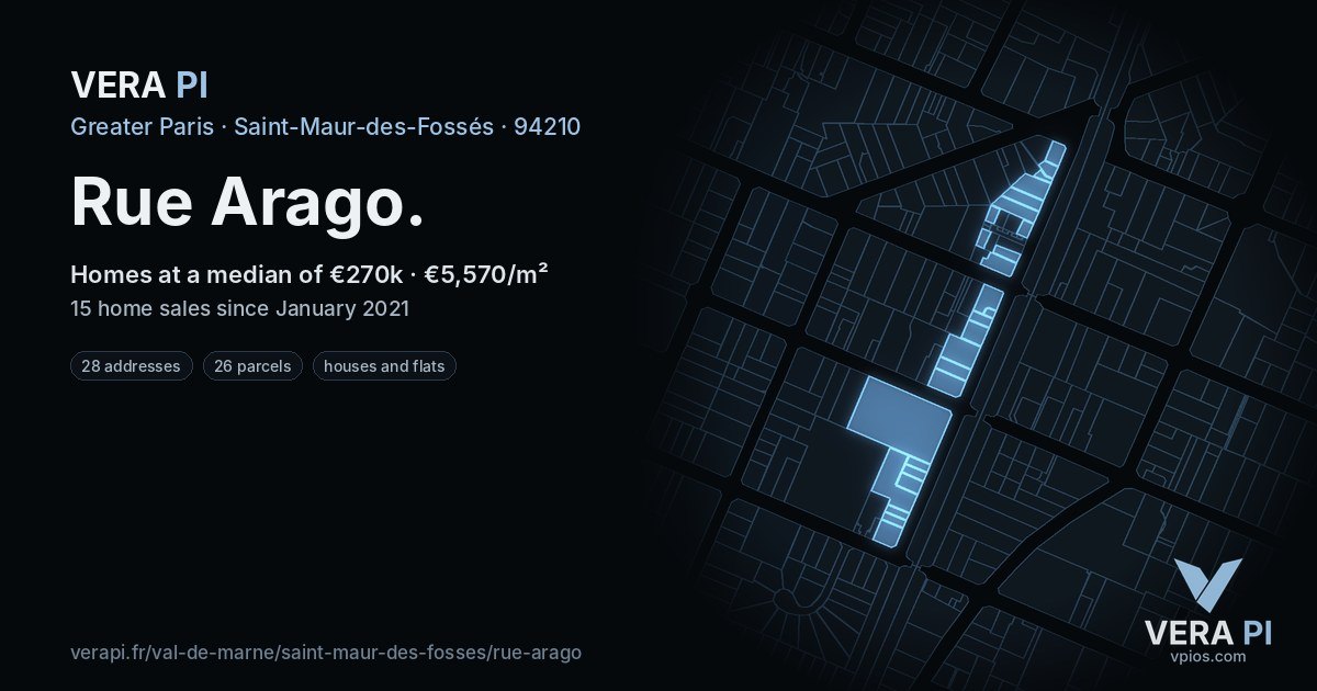 Rue Arago, Saint-Maur-des-Fossés at night – every parcel coloured by the prices around it, the street's own parcels lit