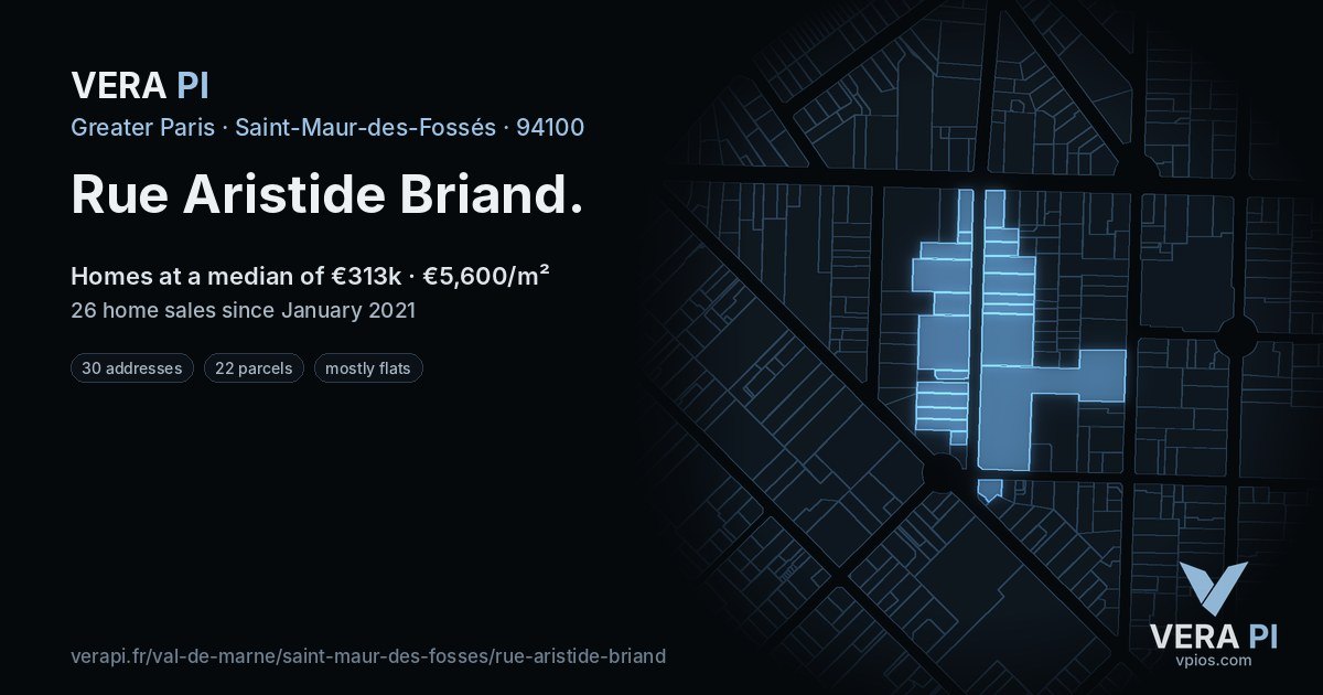 Rue Aristide Briand, Saint-Maur-des-Fossés at night – every parcel coloured by the prices around it, the street's own parcels lit