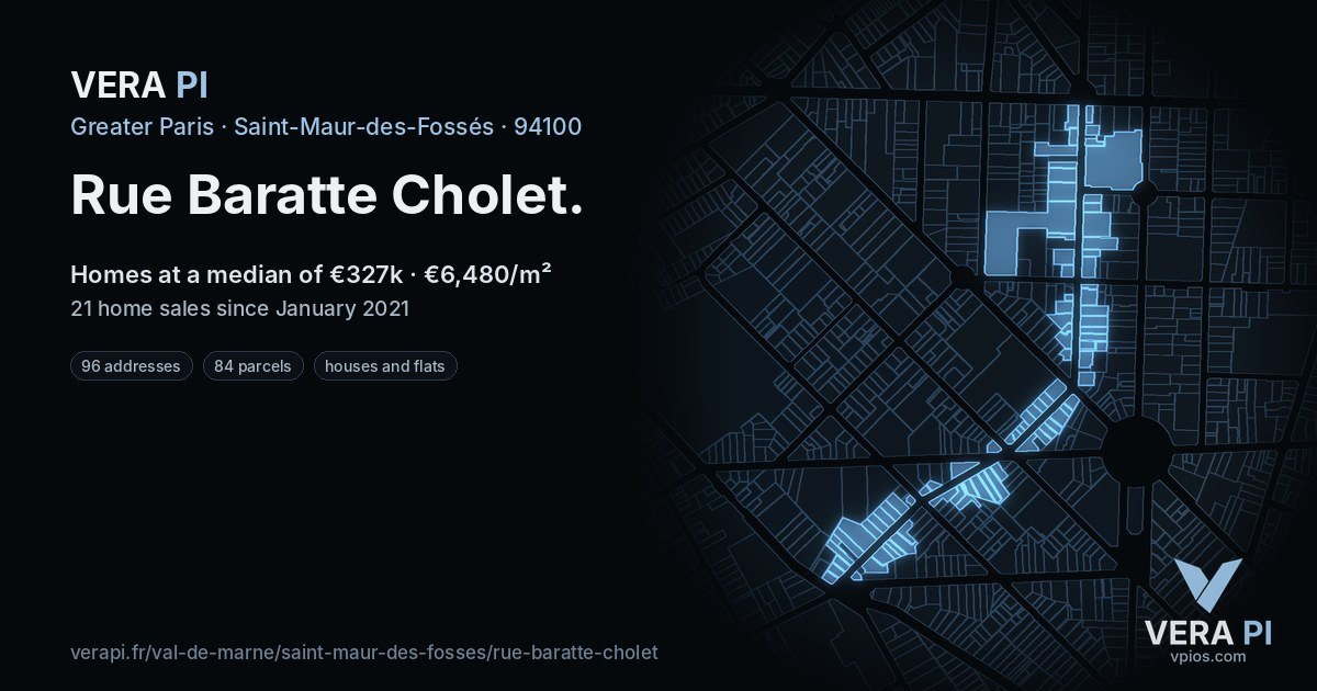 Rue Baratte Cholet, Saint-Maur-des-Fossés at night – every parcel coloured by the prices around it, the street's own parcels lit