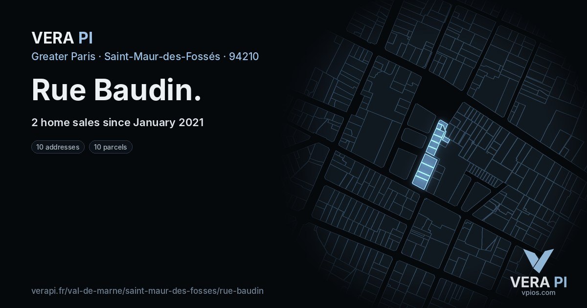 Rue Baudin, Saint-Maur-des-Fossés at night – every parcel coloured by the prices around it, the street's own parcels lit
