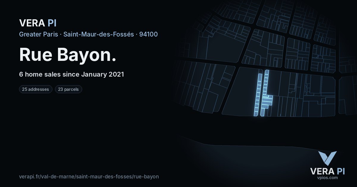 Rue Bayon, Saint-Maur-des-Fossés at night – every parcel coloured by the prices around it, the street's own parcels lit
