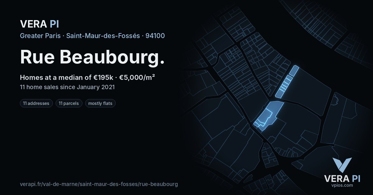 Rue Beaubourg, Saint-Maur-des-Fossés at night – every parcel coloured by the prices around it, the street's own parcels lit