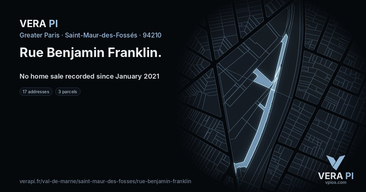 Rue Benjamin Franklin, Saint-Maur-des-Fossés at night – every parcel coloured by the prices around it, the street's own parcels lit