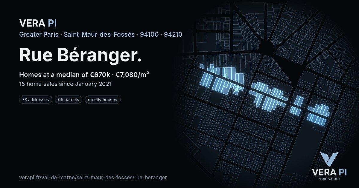 Rue Béranger, Saint-Maur-des-Fossés at night – every parcel coloured by the prices around it, the street's own parcels lit