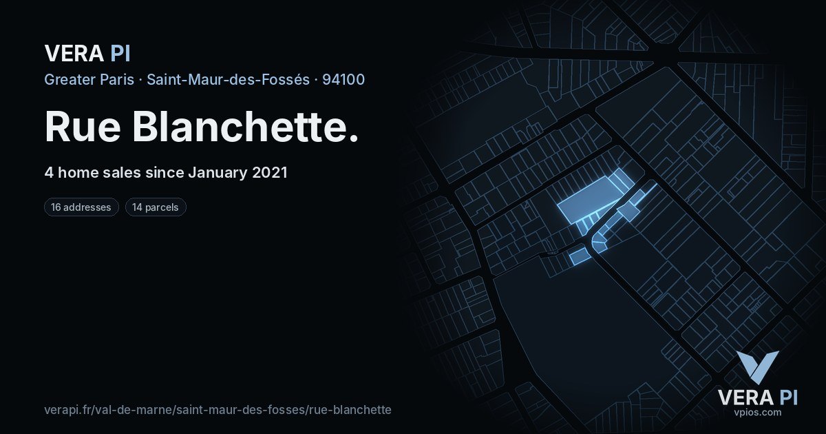 Rue Blanchette, Saint-Maur-des-Fossés at night – every parcel coloured by the prices around it, the street's own parcels lit