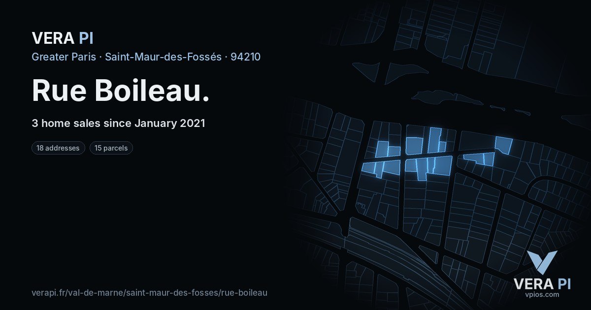 Rue Boileau, Saint-Maur-des-Fossés at night – every parcel coloured by the prices around it, the street's own parcels lit