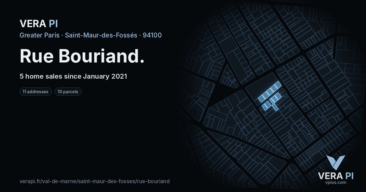 Rue Bouriand, Saint-Maur-des-Fossés at night – every parcel coloured by the prices around it, the street's own parcels lit