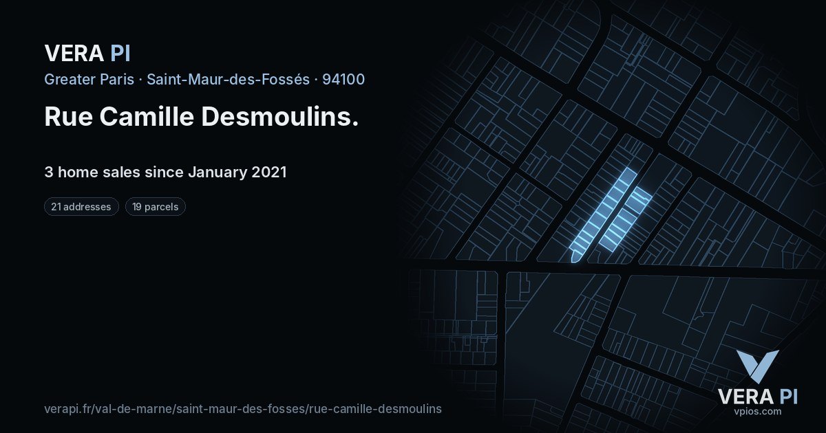 Rue Camille Desmoulins, Saint-Maur-des-Fossés at night – every parcel coloured by the prices around it, the street's own parcels lit