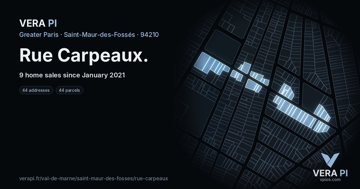 Rue Carpeaux, Saint-Maur-des-Fossés at night – every parcel coloured by the prices around it, the street's own parcels lit