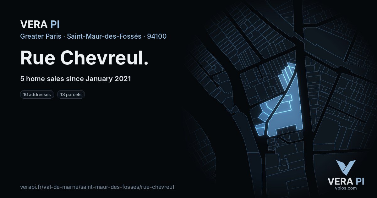 Rue Chevreul, Saint-Maur-des-Fossés at night – every parcel coloured by the prices around it, the street's own parcels lit