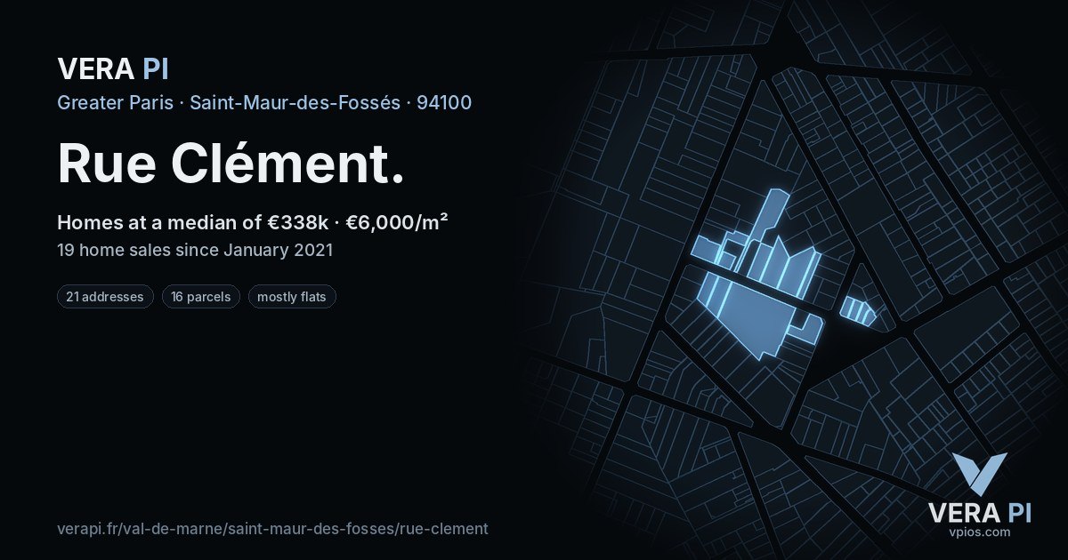 Rue Clément, Saint-Maur-des-Fossés at night – every parcel coloured by the prices around it, the street's own parcels lit
