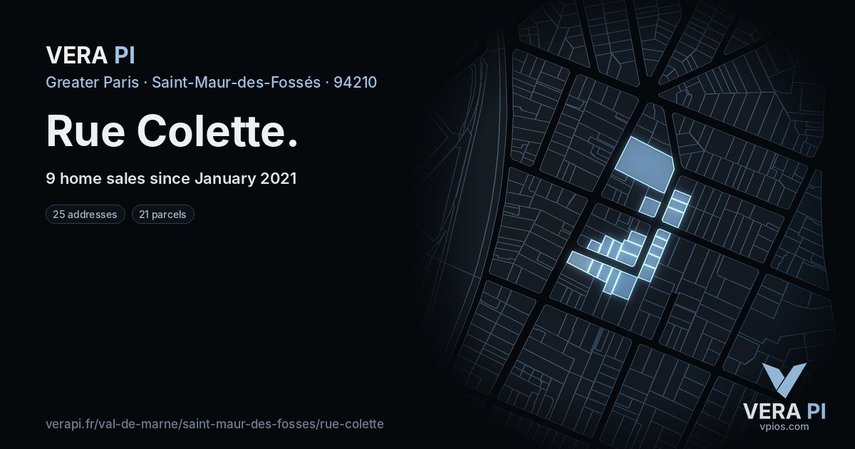 Rue Colette, Saint-Maur-des-Fossés at night – every parcel coloured by the prices around it, the street's own parcels lit