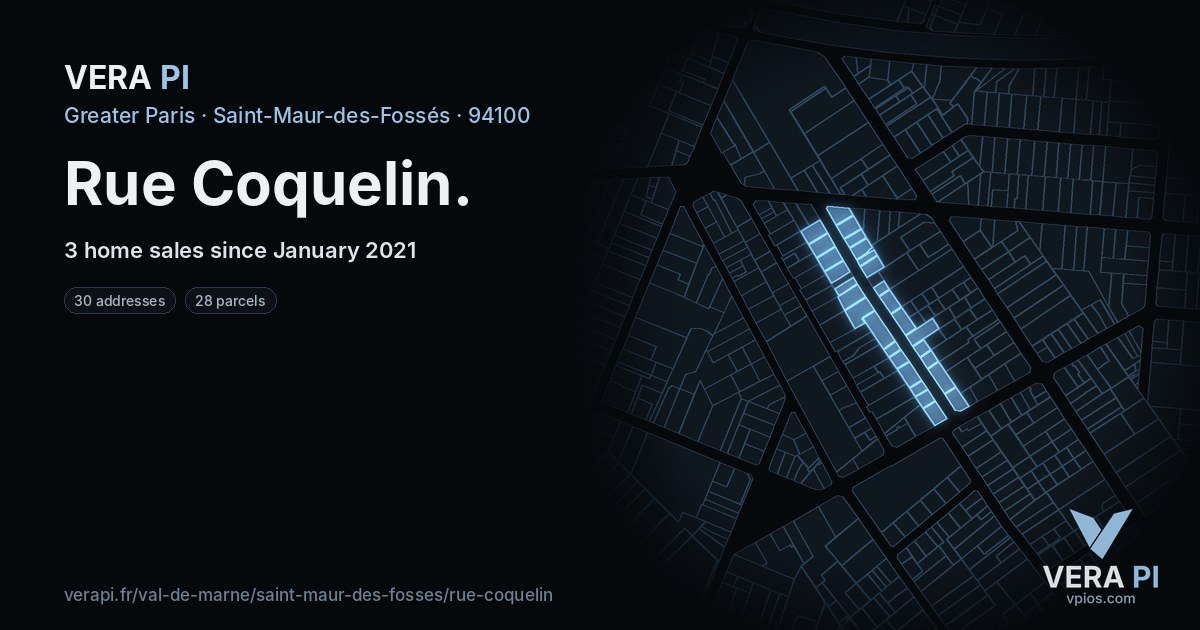 Rue Coquelin, Saint-Maur-des-Fossés at night – every parcel coloured by the prices around it, the street's own parcels lit