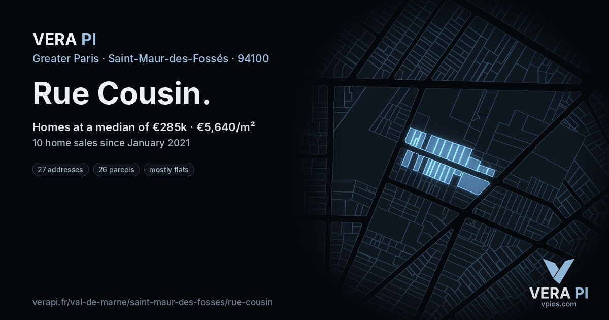 Rue Cousin, Saint-Maur-des-Fossés at night – every parcel coloured by the prices around it, the street's own parcels lit