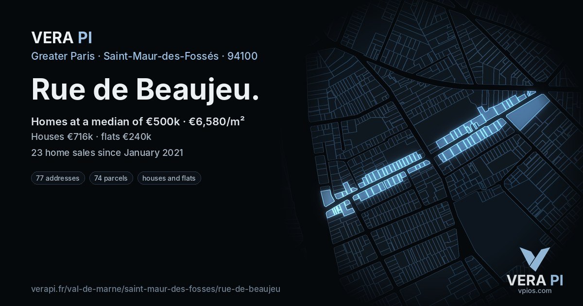 Rue de Beaujeu, Saint-Maur-des-Fossés at night – every parcel coloured by the prices around it, the street's own parcels lit