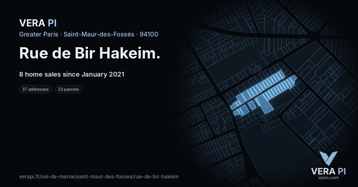 Rue de Bir Hakeim, Saint-Maur-des-Fossés at night – every parcel coloured by the prices around it, the street's own parcels lit