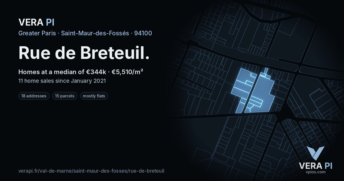 Rue de Breteuil, Saint-Maur-des-Fossés at night – every parcel coloured by the prices around it, the street's own parcels lit