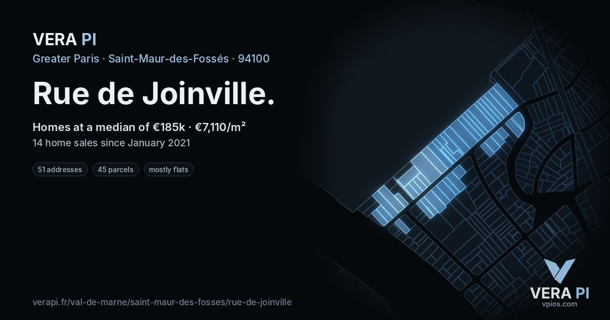 Rue de Joinville, Saint-Maur-des-Fossés at night – every parcel coloured by the prices around it, the street's own parcels lit