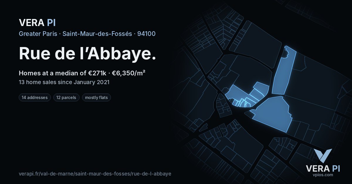 Rue de l’Abbaye, Saint-Maur-des-Fossés at night – every parcel coloured by the prices around it, the street's own parcels lit