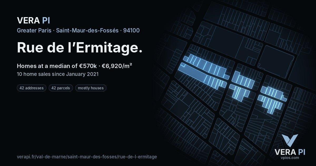 Rue de l’Ermitage, Saint-Maur-des-Fossés at night – every parcel coloured by the prices around it, the street's own parcels lit