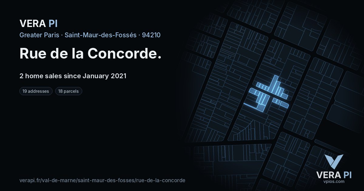 Rue de la Concorde, Saint-Maur-des-Fossés at night – every parcel coloured by the prices around it, the street's own parcels lit