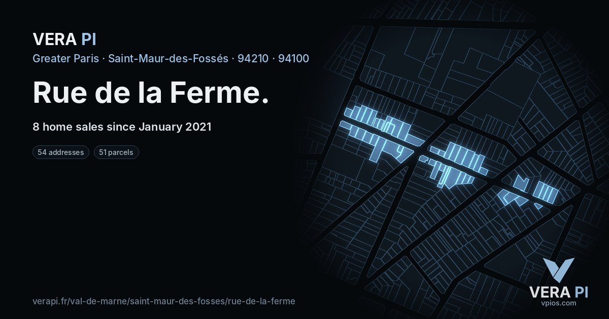 Rue de la Ferme, Saint-Maur-des-Fossés at night – every parcel coloured by the prices around it, the street's own parcels lit