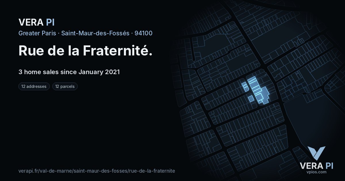 Rue de la Fraternité, Saint-Maur-des-Fossés at night – every parcel coloured by the prices around it, the street's own parcels lit