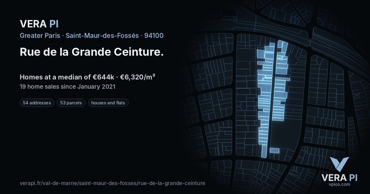Rue de la Grande Ceinture, Saint-Maur-des-Fossés at night – every parcel coloured by the prices around it, the street's own parcels lit
