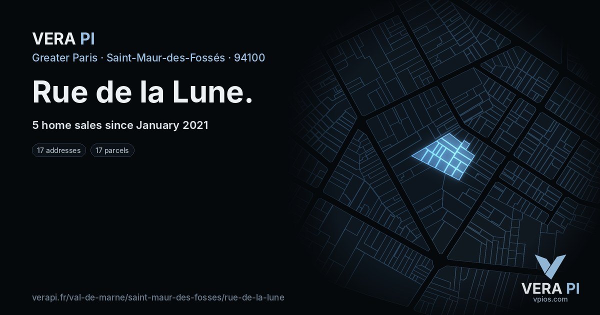 Rue de la Lune, Saint-Maur-des-Fossés at night – every parcel coloured by the prices around it, the street's own parcels lit
