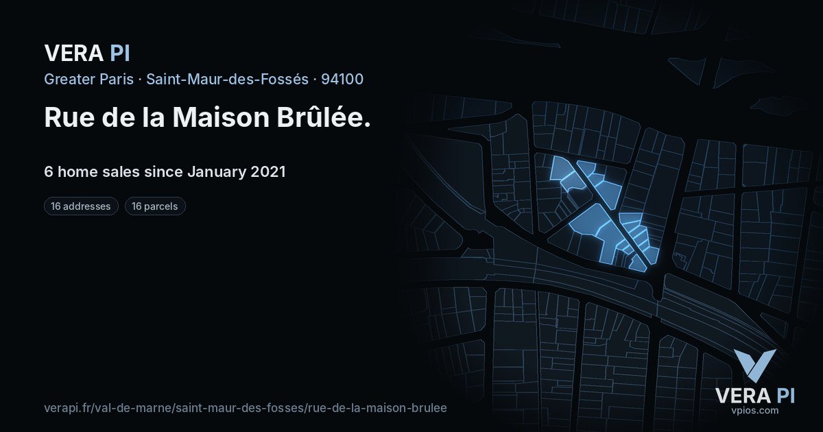 Rue de la Maison Brûlée, Saint-Maur-des-Fossés at night – every parcel coloured by the prices around it, the street's own parcels lit