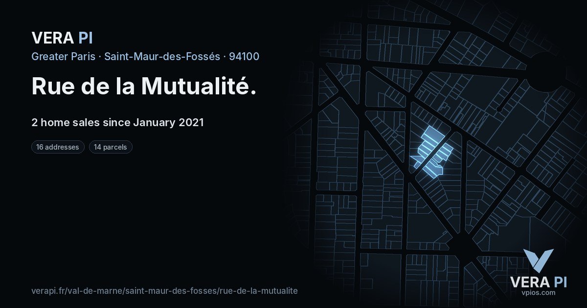 Rue de la Mutualité, Saint-Maur-des-Fossés at night – every parcel coloured by the prices around it, the street's own parcels lit