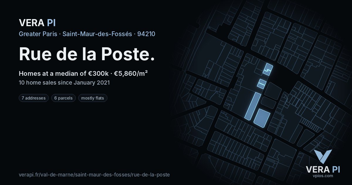 Rue de la Poste, Saint-Maur-des-Fossés at night – every parcel coloured by the prices around it, the street's own parcels lit