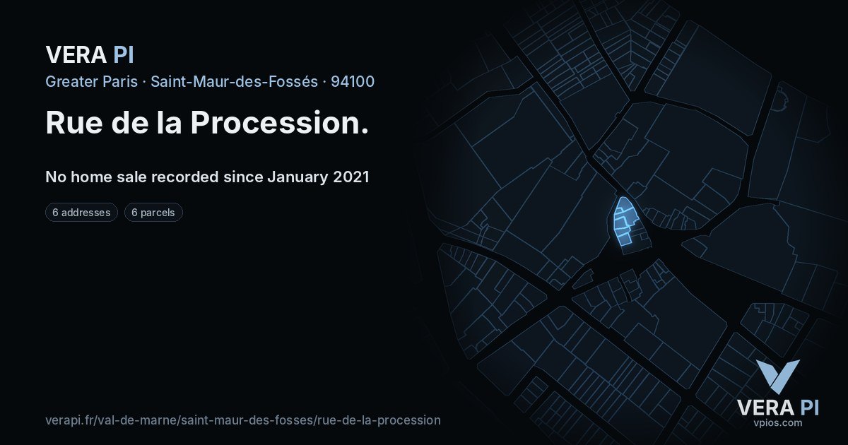 Rue de la Procession, Saint-Maur-des-Fossés at night – every parcel coloured by the prices around it, the street's own parcels lit