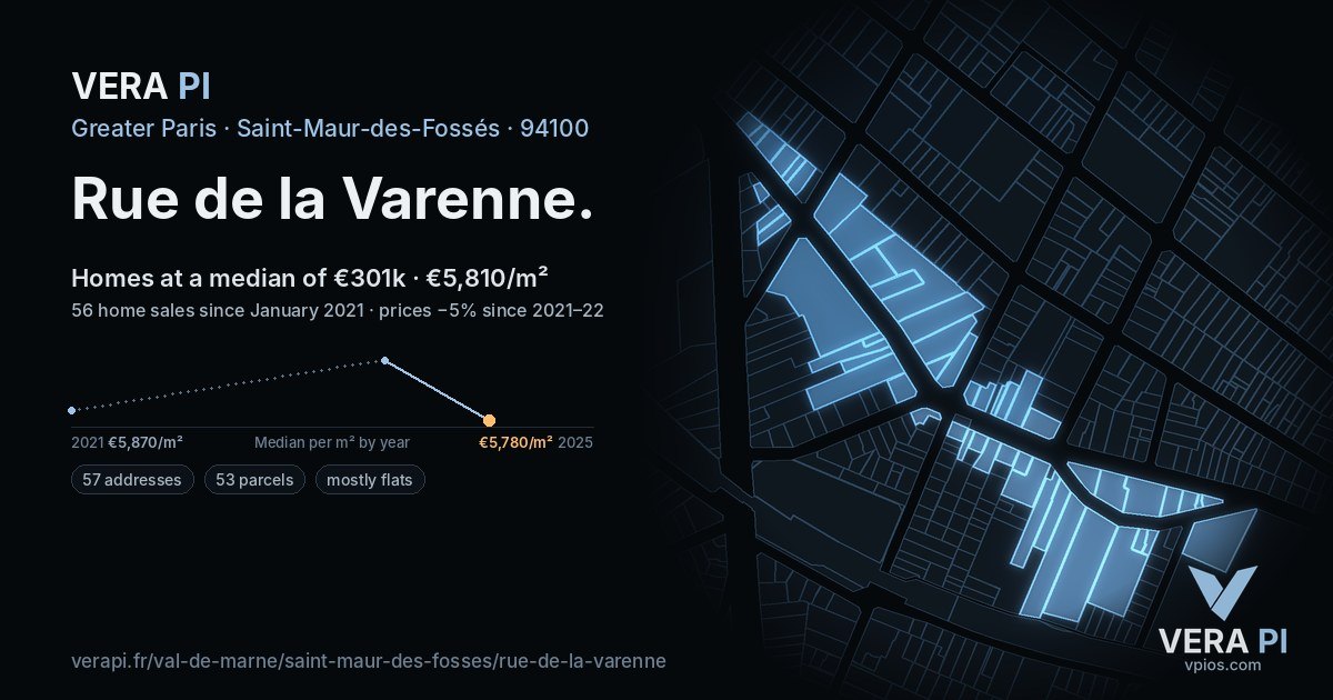Rue de la Varenne, Saint-Maur-des-Fossés at night – every parcel coloured by the prices around it, the street's own parcels lit