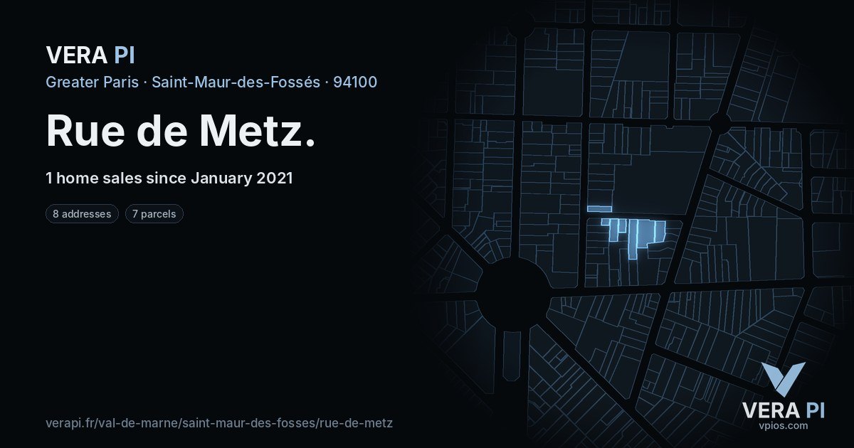 Rue de Metz, Saint-Maur-des-Fossés at night – every parcel coloured by the prices around it, the street's own parcels lit