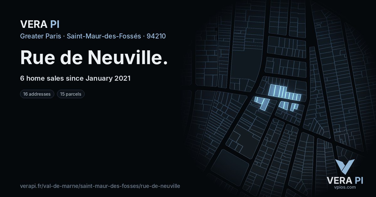 Rue de Neuville, Saint-Maur-des-Fossés at night – every parcel coloured by the prices around it, the street's own parcels lit
