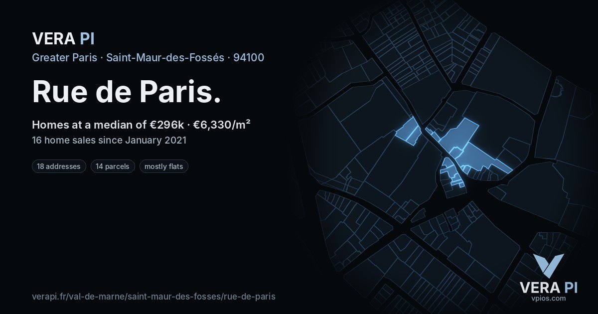 Rue de Paris, Saint-Maur-des-Fossés at night – every parcel coloured by the prices around it, the street's own parcels lit