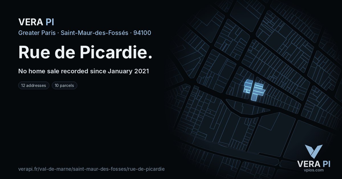 Rue de Picardie, Saint-Maur-des-Fossés at night – every parcel coloured by the prices around it, the street's own parcels lit