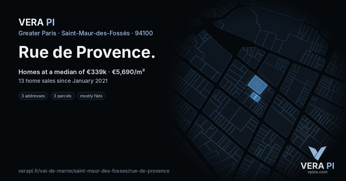 Rue de Provence, Saint-Maur-des-Fossés at night – every parcel coloured by the prices around it, the street's own parcels lit