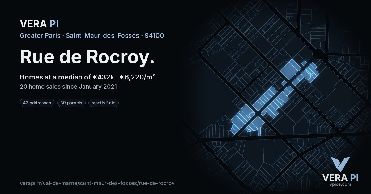 Rue de Rocroy, Saint-Maur-des-Fossés at night – every parcel coloured by the prices around it, the street's own parcels lit