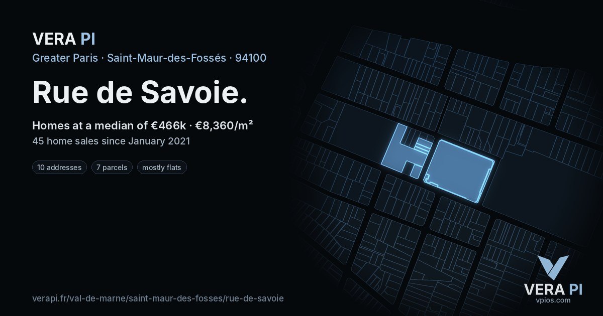 Rue de Savoie, Saint-Maur-des-Fossés at night – every parcel coloured by the prices around it, the street's own parcels lit