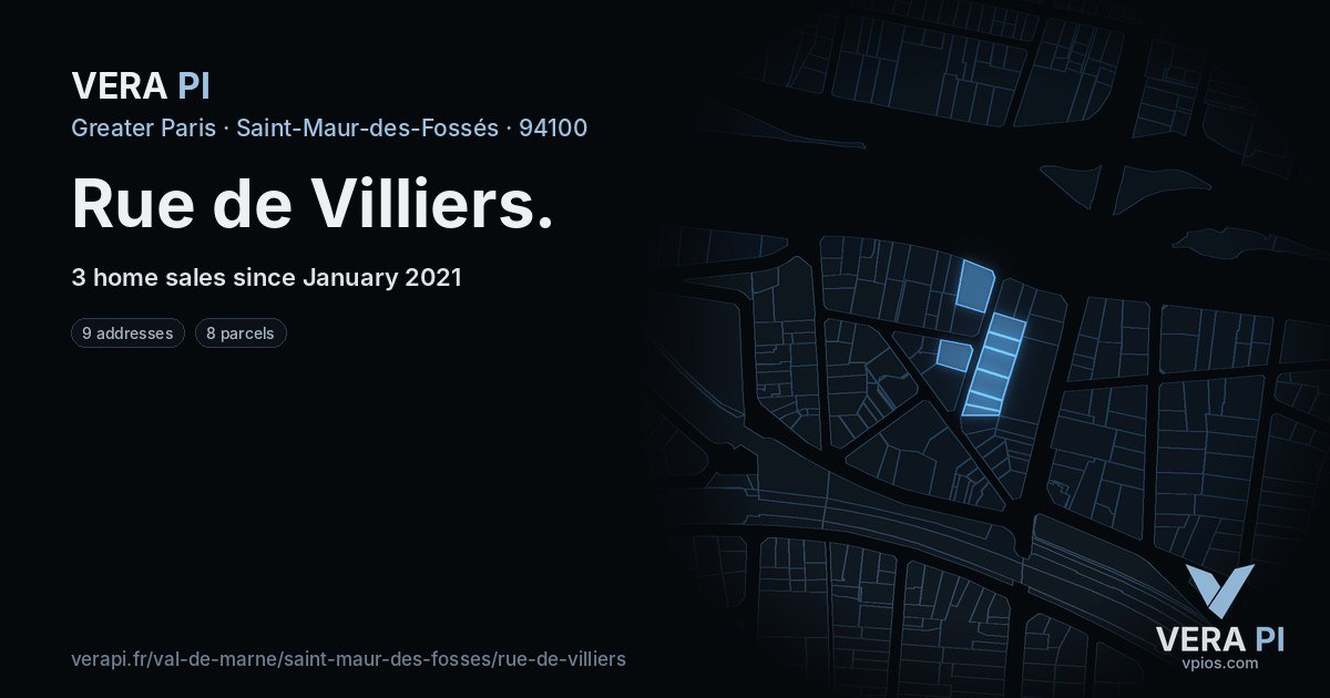 Rue de Villiers, Saint-Maur-des-Fossés at night – every parcel coloured by the prices around it, the street's own parcels lit