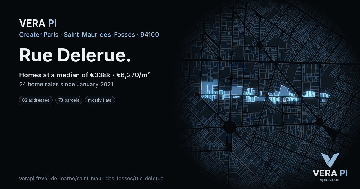 Rue Delerue, Saint-Maur-des-Fossés at night – every parcel coloured by the prices around it, the street's own parcels lit