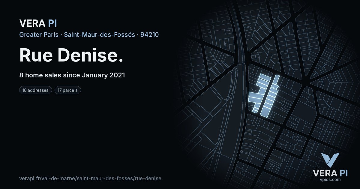Rue Denise, Saint-Maur-des-Fossés at night – every parcel coloured by the prices around it, the street's own parcels lit