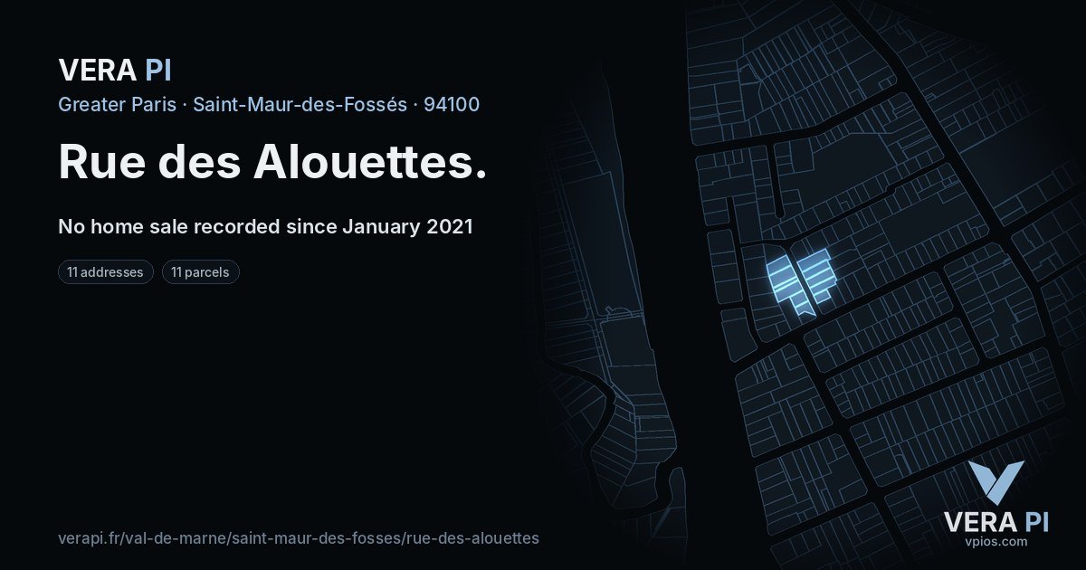 Rue des Alouettes, Saint-Maur-des-Fossés at night – every parcel coloured by the prices around it, the street's own parcels lit
