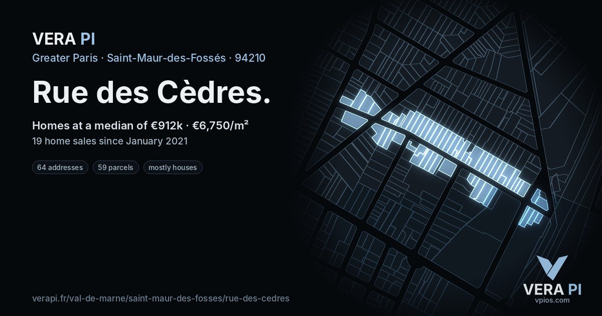 Rue des Cèdres, Saint-Maur-des-Fossés at night – every parcel coloured by the prices around it, the street's own parcels lit