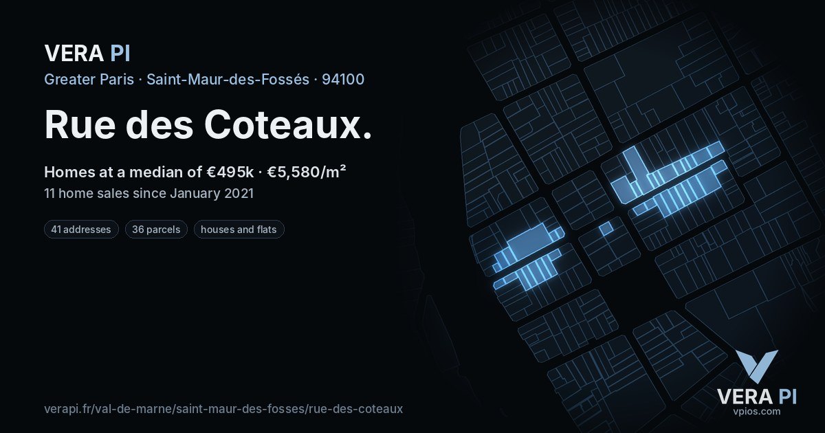 Rue des Coteaux, Saint-Maur-des-Fossés at night – every parcel coloured by the prices around it, the street's own parcels lit